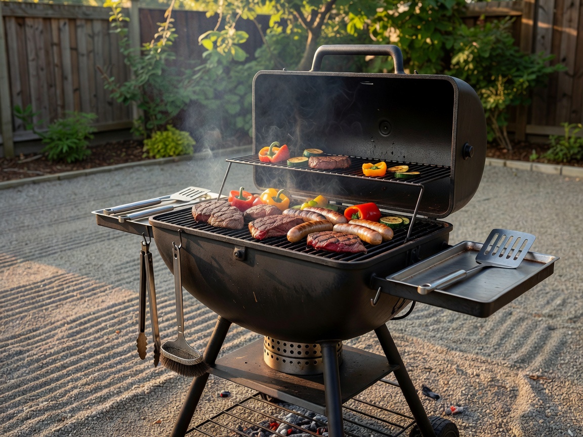 A carefully tended barbecue cooking setup with metal equipment and food