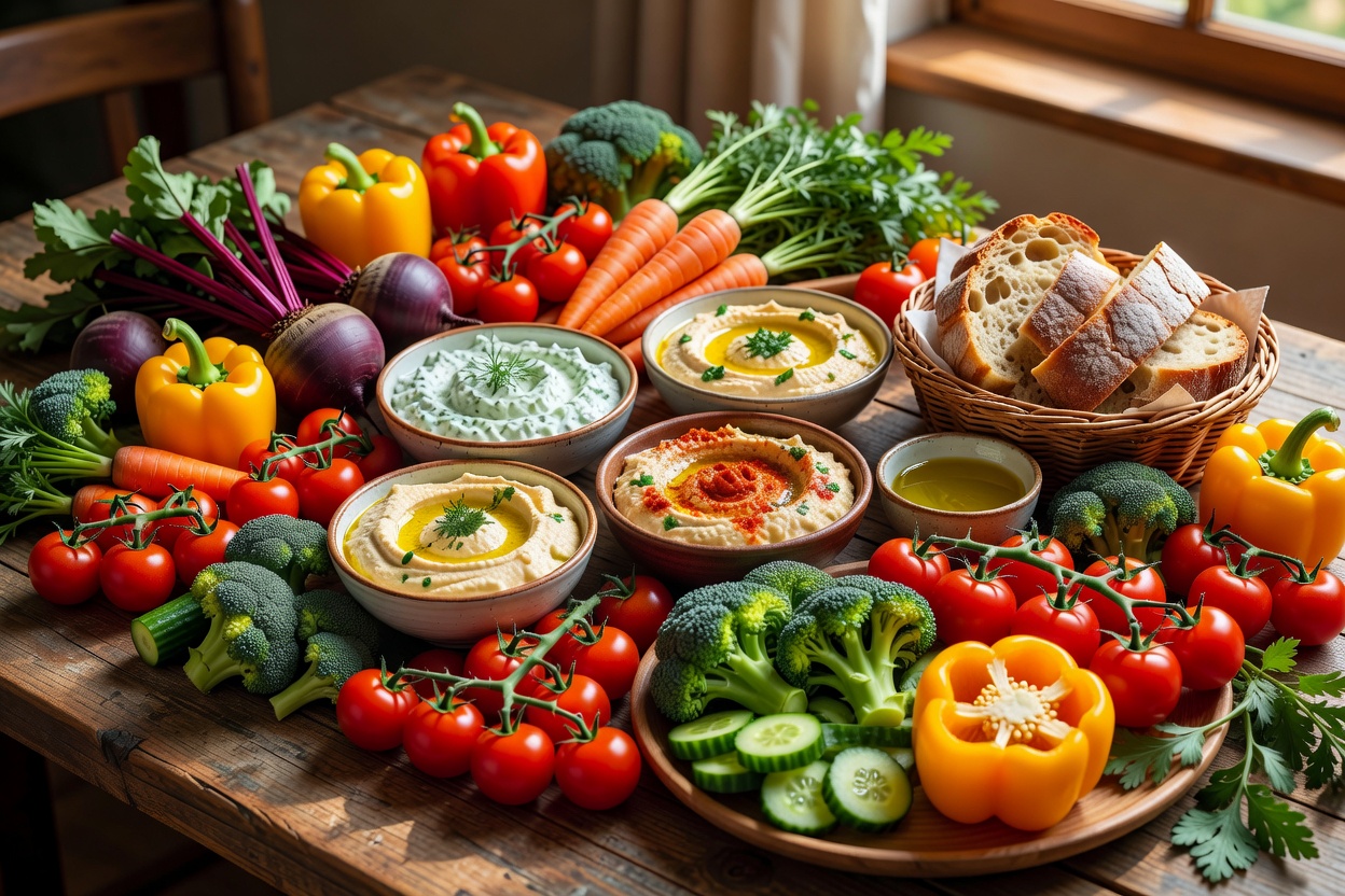 A colourful meal with fresh vegetables and varied accompaniments arranged for sharing