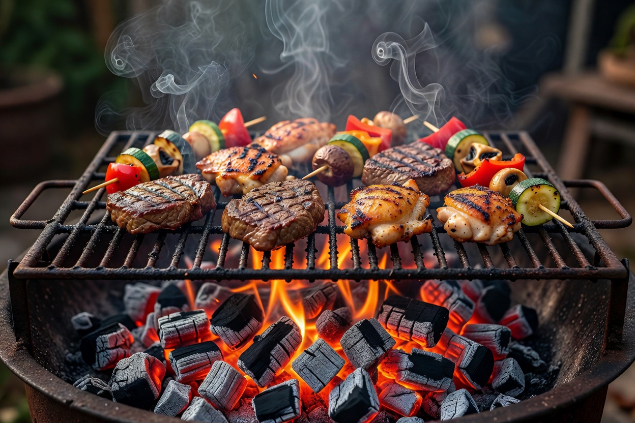 A controlled grill with food over glowing coals and gentle smoke