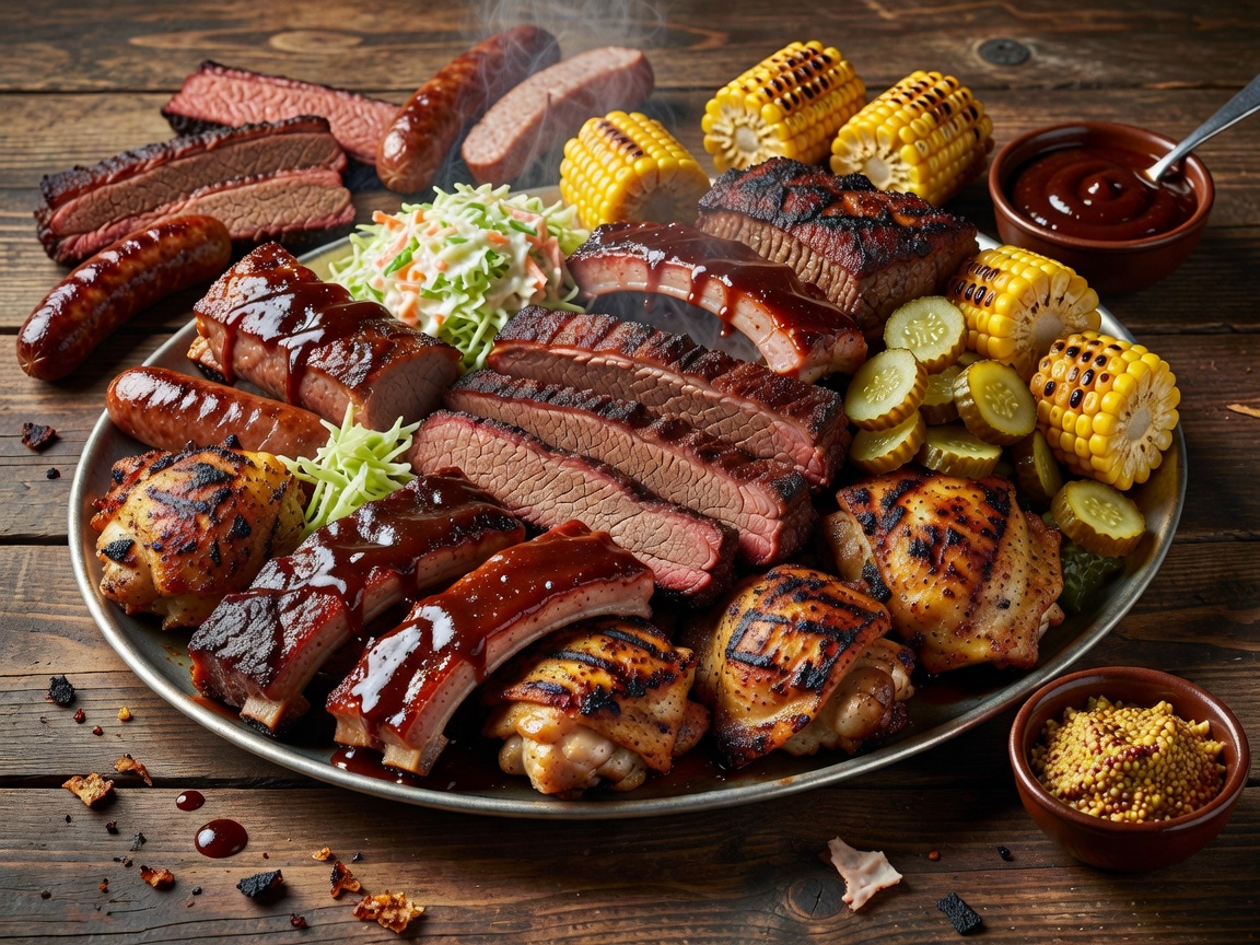 A generous barbecue platter with varied textures and accompaniments