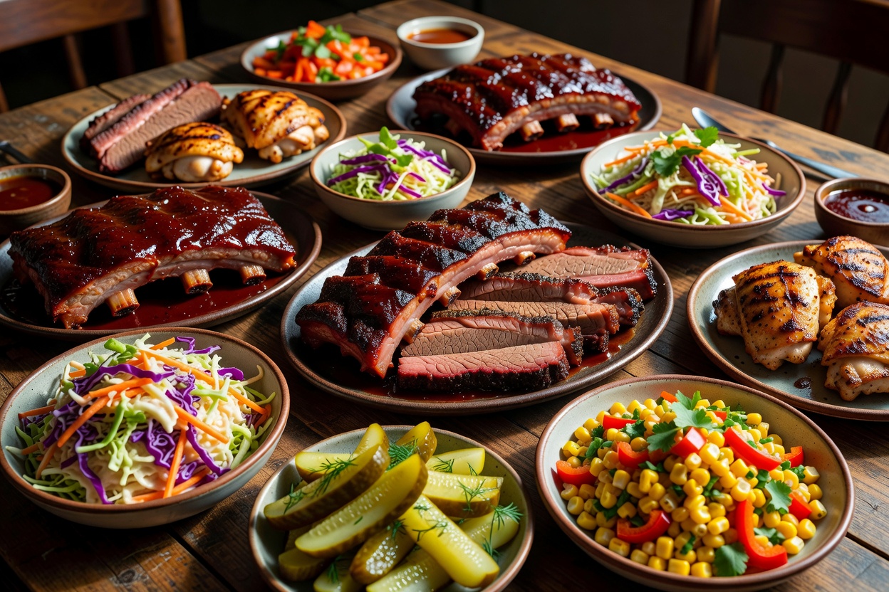 A table of richly coloured barbecue food and contrasting accompaniments