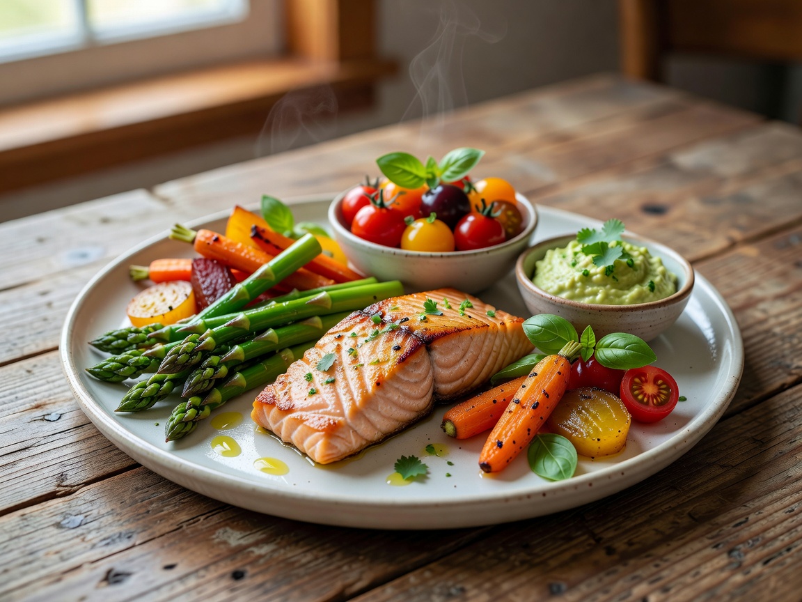 A thoughtfully arranged meal with fresh ingredients and colourful sides