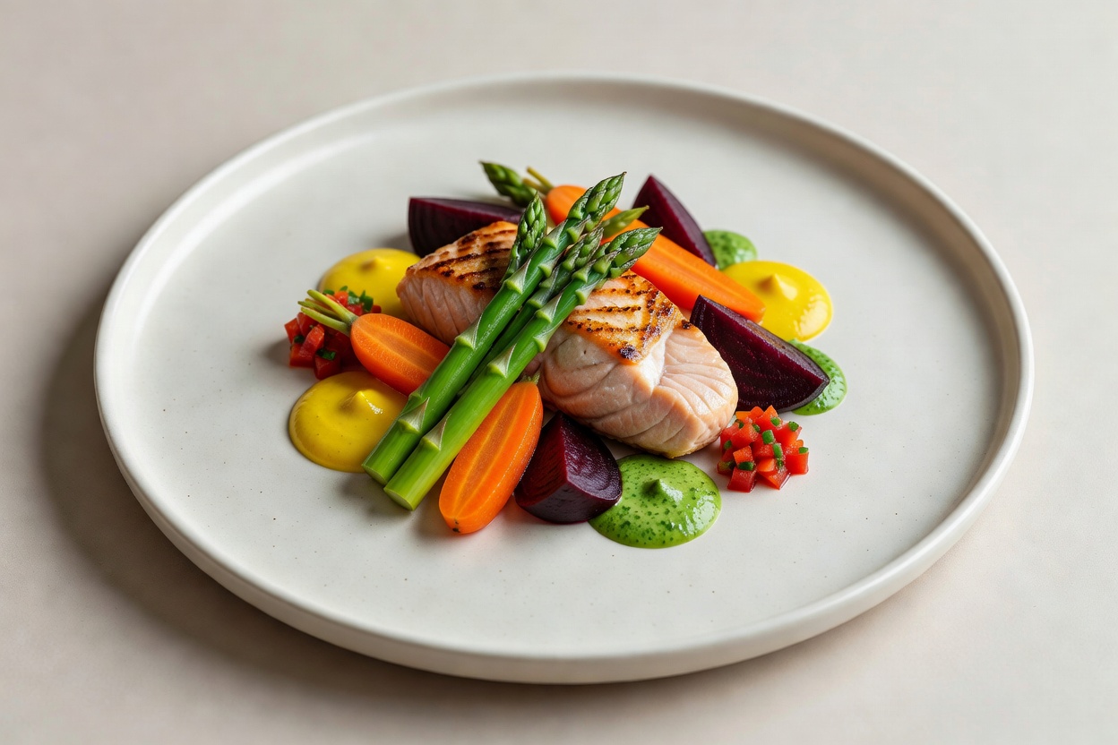 A thoughtfully plated meal with vegetables and a variety of colourful accompaniments