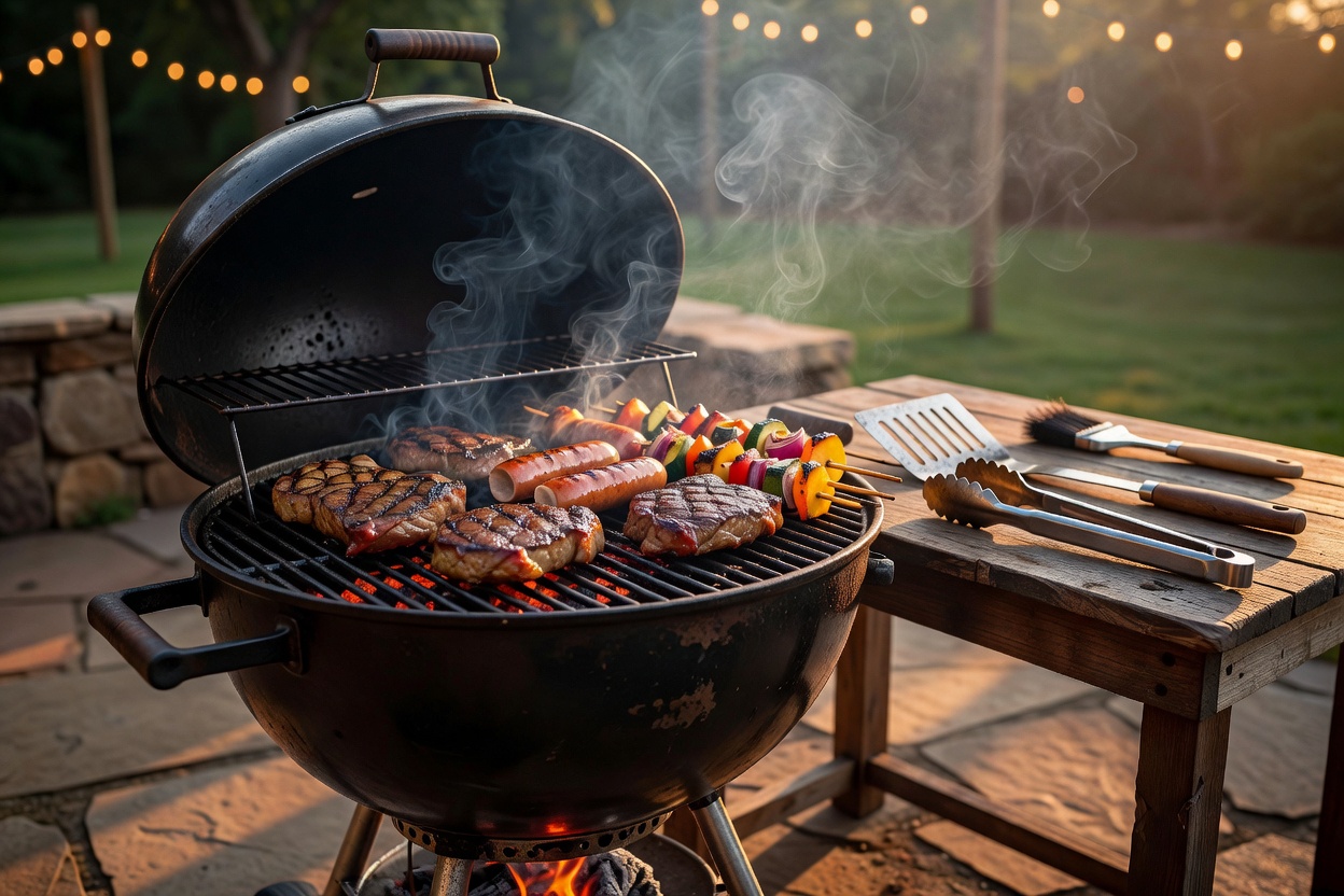 Barbecue equipment and cooked food in a warm outdoor cooking environment