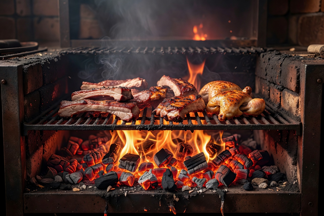 A close-up of carefully cooked meat on a dark grill, with warm light and visible surface texture
