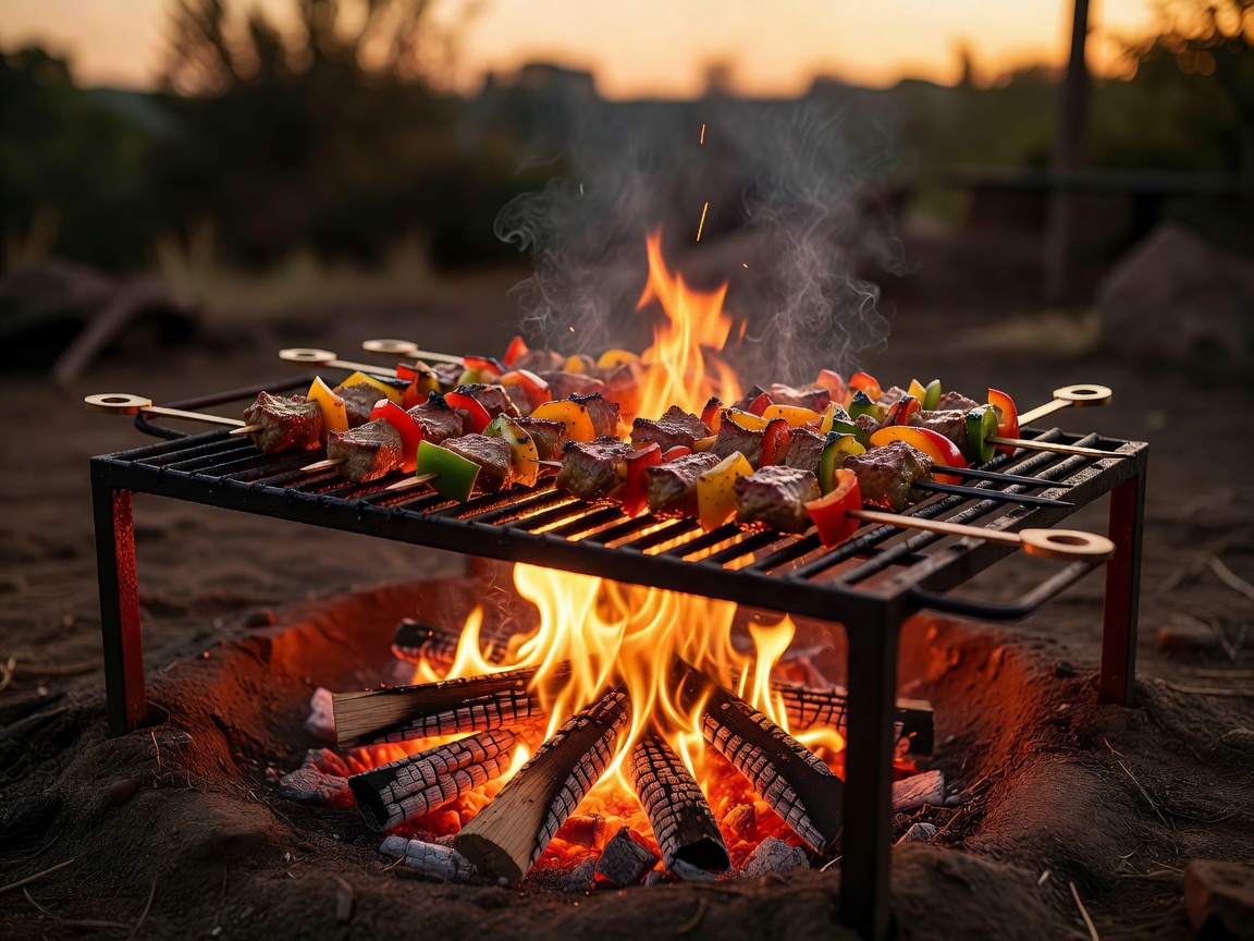 Food cooking over a controlled open grill with a warm glow