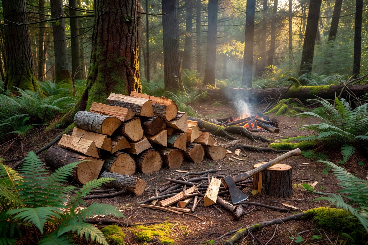 Natural timber and forest detail suggesting the source and character of cooking wood