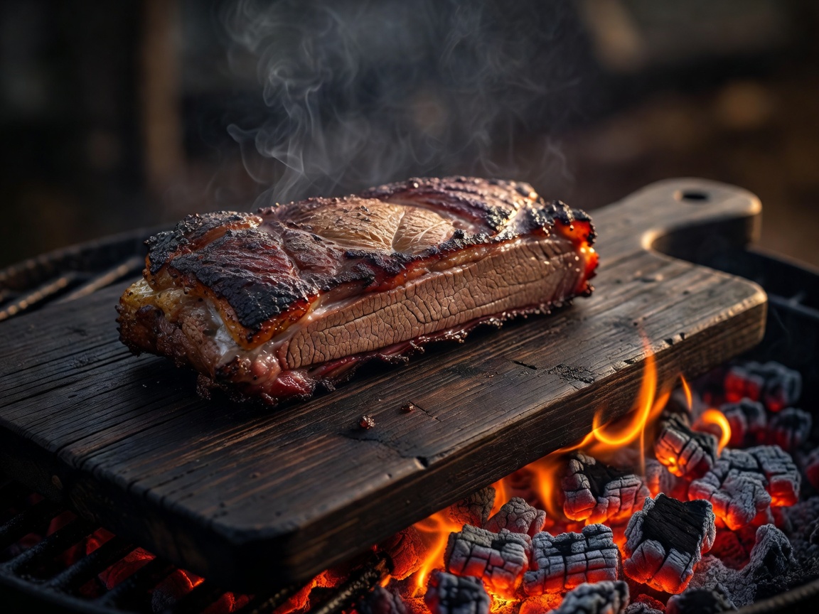Richly browned smoked meat resting on a dark serving board beside glowing grill embers