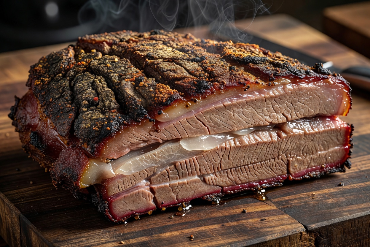 Smoked meat showing textured browned bark and a moist cut surface